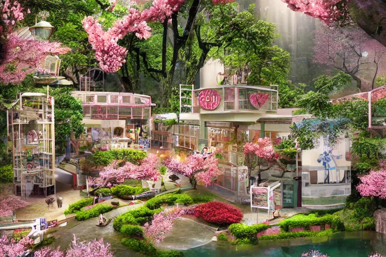 Image similar to epic film etablish shot of a very surreal hospital with its own cafe in a lush waterfall garden, falling cherry blossoms pedals, in the style of Gucci and Wes Anderson glowing lights and floating lanterns, muted colors, magic details, very detailed, 8k, cinematic look