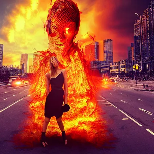 Image similar to a woman on fire, city on fire, giant, photoshop, sci - fi, creative and cool, photo manipulation