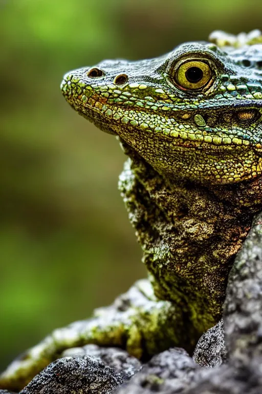 Image similar to a macro portrait photo of a gentleman lizard lounging on a moss covered rock, shiny scales, moss and vegetation, ancient forest, close - up, intricate details, intricately detailed textures, warm lighting, vivid colors, smoke and mist, hyper realistic octane render, volumetric shading, depth of field, raytracing, 8 k,