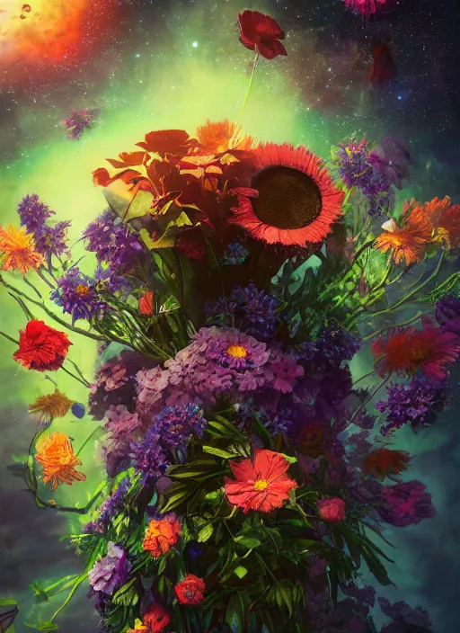 Prompt: An epic fantastic realism comic book style painting of the most beautiful flowers launched across the dark and starry cosmos, bouquets, fisheye lens, unreal 5, DAZ, hyperrealistic, octane render, dynamic lighting