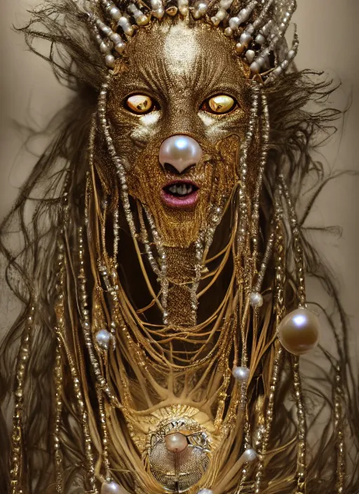 Image similar to hyperrealism, detailed textures, award winning autochrome photo, symetrical japanese pearl old screaming medusa queen autochrome pearl portrait, pearl silverplate, intricate, detailed facial pearl scary animal mask, pearl, golden jewelery, silverplate, ultra realistic, cinematic, intricate, cinematic light by steve mccurry, unreal engine 8 k