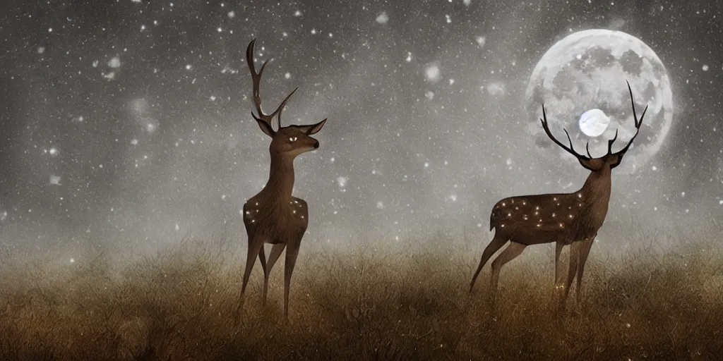 Prompt: a dark and enchanting moonscape with transparent deer