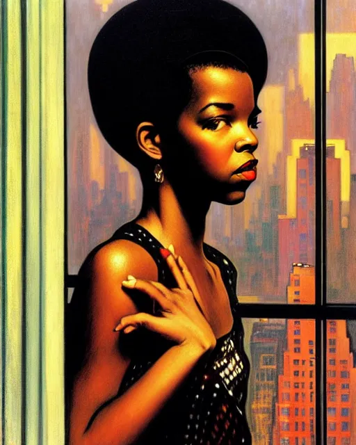 Prompt: oil painting of young lauryn hill in 1 9 3 0 s manhattan penthouse rainy window, deco skyscrapers faintly visible outside, oil painting, by mucha, enoch bolles, shaun tan, edward hopper, artgerm, wlop glossy skin, pearlescent, very coherent, iconic
