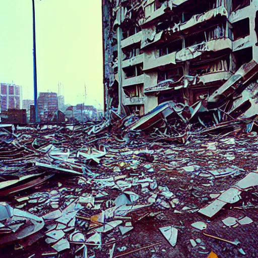 Prompt: broken demolished future city, photo, grime grunge, kodak ektar