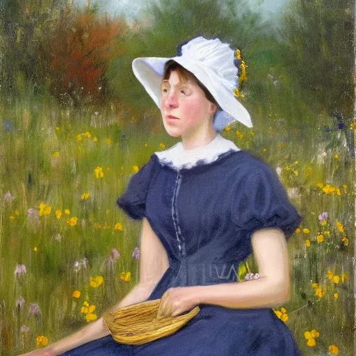 Image similar to pioneer lady in a meadow, prairie dress and bonnet, portrait, oil