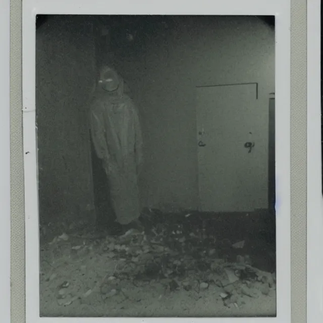 Image similar to found polaroid photo, flash, interior abandoned hospital, mutant creature standing