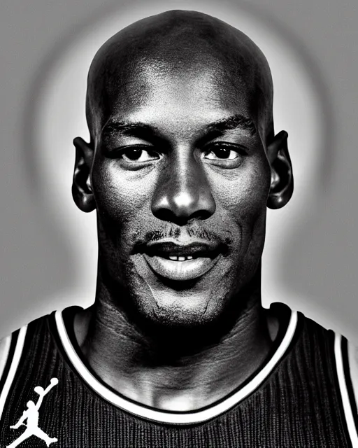 Image similar to photograph of michael jordan in a chicago bulls uniform, in the styles of cameron look, andrew bernstein, and ansel adams. monochrome hdr, intense face, accurate facial details