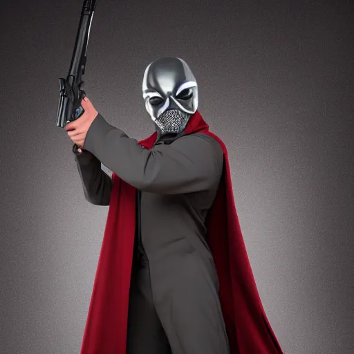 Image similar to masked villain with a dark cloak and a light grey jumpsuit holding a big iron revolver and turning his head at a 3 0 degree angle ( highly detailed, photo - realistic, hyperrealistic, flashing lights, greatly illustrated, uhd, 4 k render image )