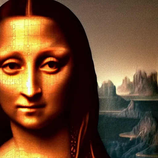 Image similar to a highly detailed 3 d rendering in unreal engine on ps 5 of the mona lisa dressed as the cyborg ninja from metal gear solid