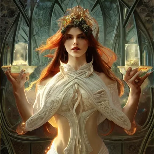 Image similar to alchemy and rosicrucianism fall in love, deep focus, d & d, fantasy, intricate, elegant, highly detailed, digital painting, artstation, concept art, matte, sharp focus, illustration, art by artgerm and greg rutkowski and alphonse mucha