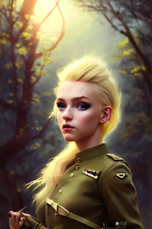 Image similar to cinematic shot of an epic portrait of a cute blonde fairy dressed in military clothes, stylised military clothes, shiny skin, beautiful eyes, beautiful, small details, night setting, realistic poster with volumetric light from craig mallism, artgerm, jeremy lipkin and michael garmash, unreal engine, radiant light, digital art, trends at art station, a masterpiece