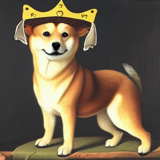 Image similar to renaissance oil painting, portrait of a shiba inu dog wearing a royal crown