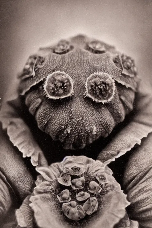 Image similar to tardigrade!!! daguerreotype portrait photograph. lots of flowers around the tardigrade. ansel adams. highly detailed. old timey.