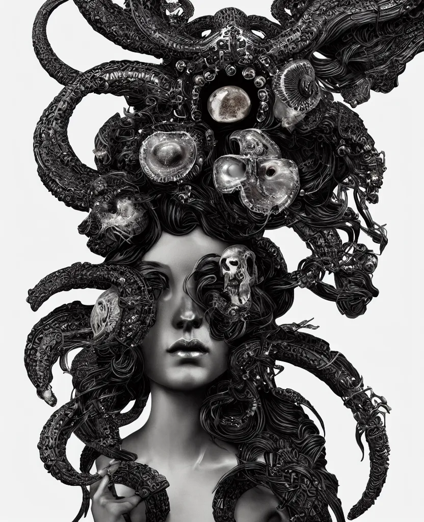 Image similar to goddess princess face close-up portrait ram skull. sculpture made of black stone with elements made of polished gold. jellyfish phoenix head, nautilus, orchid, skull, betta fish, bioluminiscent creatures, intricate artwork by Tooth Wu and wlop and beeple. octane render, trending on artstation, greg rutkowski very coherent symmetrical artwork. cinematic, hyper realism, high detail, octane render, 8k