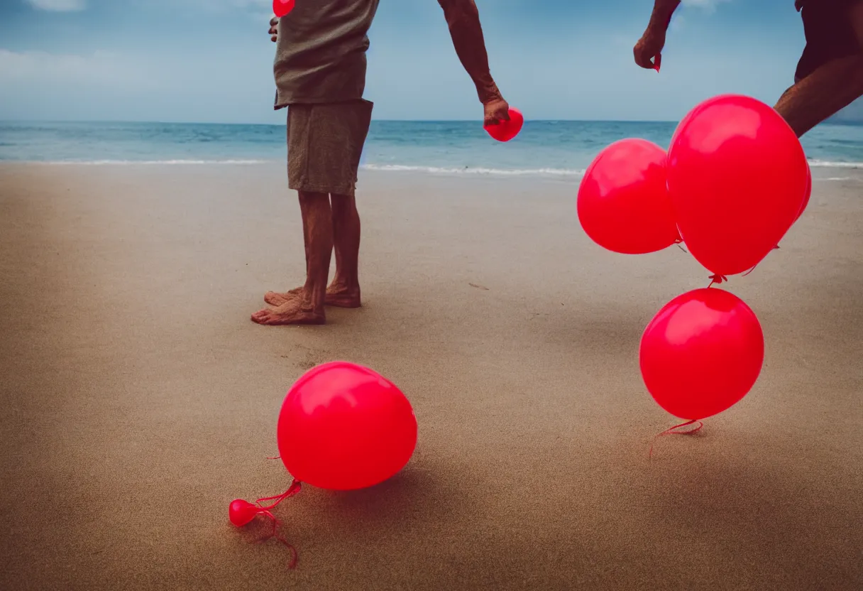 Image similar to a photo of old man on the beach holding red balloons., sharp focus, ground level view