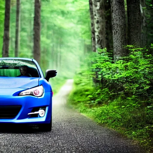 Prompt: Subaru BRZ driving down a beautiful forest road, cinematic, motion blur, high resolution, sharp, detailed, commercial, advertisement,