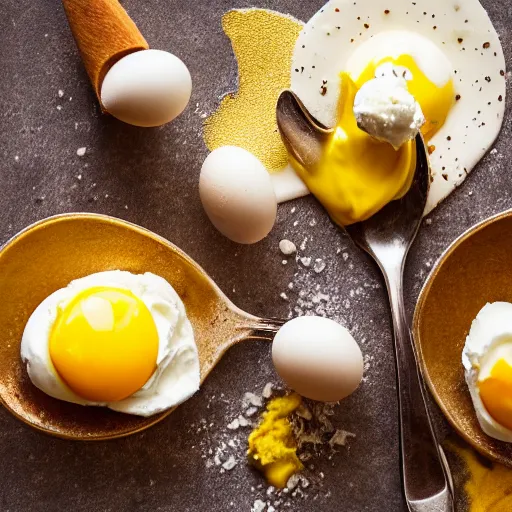 Image similar to ice cream with eggs and mustard on it, food photography, highly detailed