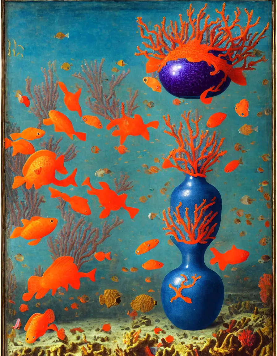 Image similar to bottle vase of coral under the sea and in the sky decorated with a dense field of stylized scrolls that have opaque outlines enclosing mottled blue washes, with orange shells and purple fishes, ambrosius benson, oil on canvas, hyperrealism, around the edges there are no objects