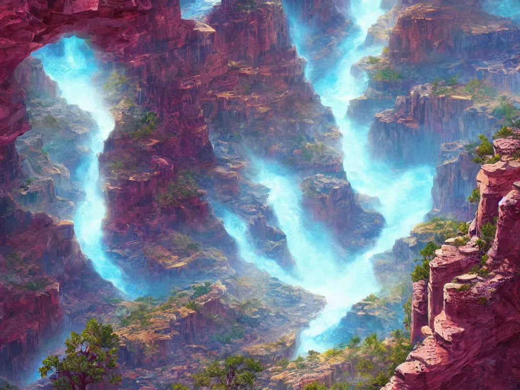 Prompt: grand canyon filled with sparkling water, magical, digital painting, trending on artstation, deviantart, 8k, epic composition, intrinsic details, perfect coherence