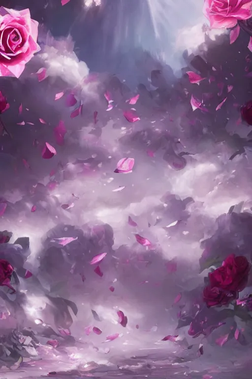 Image similar to background concept art magic invisible blades slicing through a bouquet of white and pink roses, flowers exploding and spraying, big puffy clouds, large rose petals, lotus petals, large polygonal background elements, large polygons, dramatic anime, dramatic lighting, artgerm, manga, trending on artstation, marco bucci, mature colors