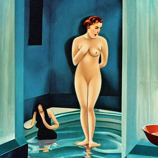 Image similar to Scarlett Johansson bathing, full body, in the style of Tamara de Lempicka