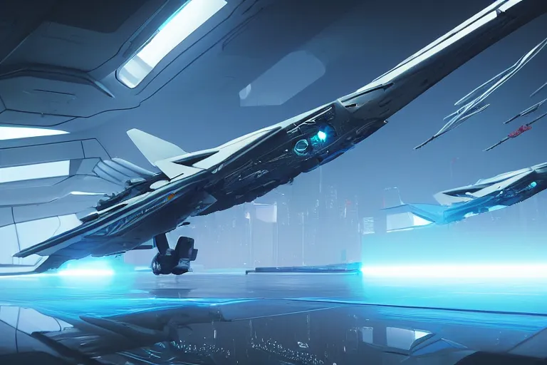 Image similar to cyberpunk alien concept inspired jet plane, futuristic look, highly detailed body, very powerful, photorealistic camera shot, bright studio setting, studio lighting, crisp quality and light reflections, unreal engine 5 quality render