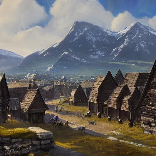 Image similar to the town of whiterun, oil painting