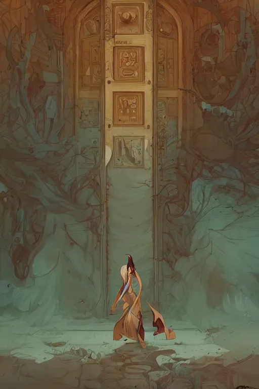 Image similar to a girl walking to a giant wooden door with archaic symbols embedded onto, digital art, very graphic illustration by peter mohrbacher and victo ngai, colorful comics style