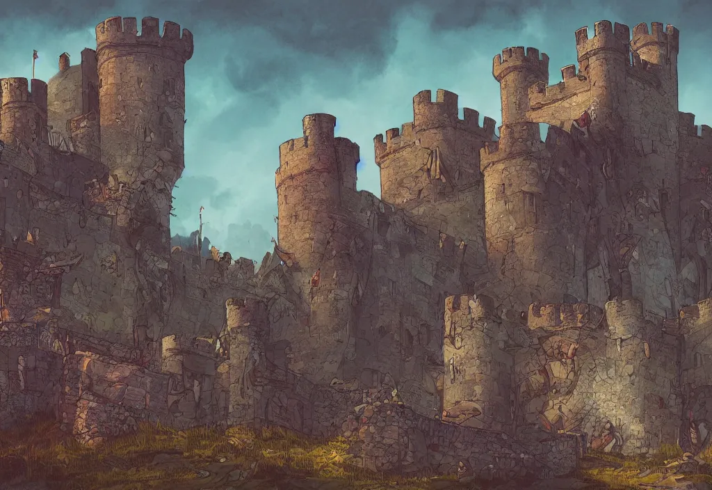 Image similar to handmade illustration of sieged small medieval castle, line art, ink, heavy brushstrokes, watercolor by Kilian Eng and by Jake Parker, winning-award masterpiece, fantastic, octane render, 8K HD Resolution, High quality image