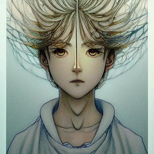Prompt: prompt: Fragile looking vessel portrait soft light drawn by Katsuhiro Otomo, inspired by Fables, magical and alchemical objects on the side, soft light, white background, intricate detail, intricate oil painting detail, sharp high detail, manga and anime 2000