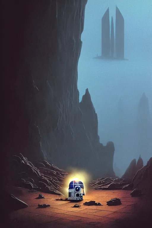 Image similar to r 2 d 2 at the front of a cave, smoke, apocalyptic moody style by rob zombie by arthur haas and bruce pennington and john schoenherr, cinematic matte painting, zaha hadid building, photo realism, dark moody color palate, blue hour stars, desolate glacial landscape,