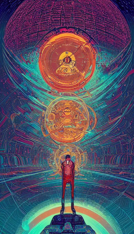 Prompt: the psychedelic adventures of the cosmic time traveller journeying through the ancient oracle of the cosmos, futurism, dan mumford, victo ngai, kilian eng, da vinci, josan gonzalez