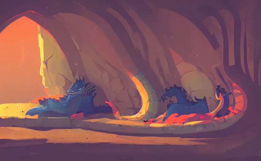 Image similar to dragons sleeping in his cave, james gilleard, print, game art