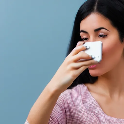 Image similar to girl with black hair taking a selfie of a bump on her face, close up