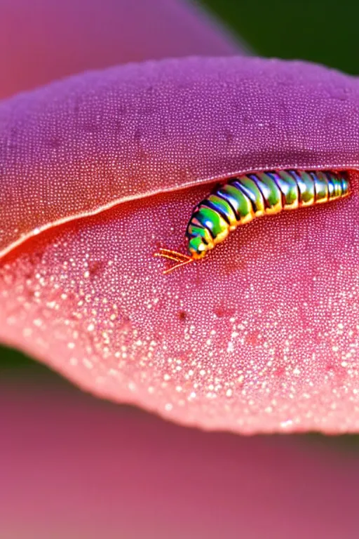 Prompt: high quality close-up photo pearlescent caterpillar! gorgeous highly detailed david ligare elson peter cinematic pink lighting high quality low angle hd 8k sharp shallow depth of field