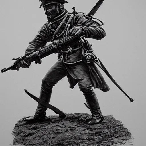 Prompt: Napoleonic Infantry, intricate artwork by François Baranger, lovecraft, hyperrealism, high detail, black and white, high contrast, depth of field