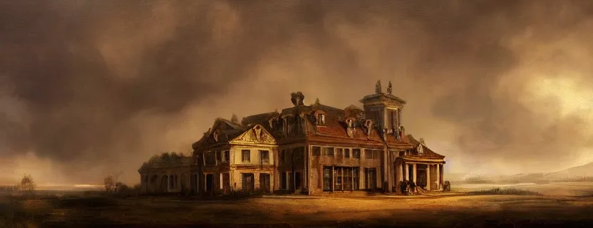 Prompt: oil baroque landscape painting of a gigantic white mansion, concept art, rembrandt, warm colors, wallpaper, 4 k, realistic lighting, brushstrokes, ultra - wide, minimalistic, cinematic framing