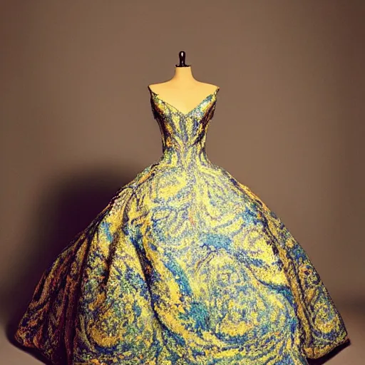 Image similar to A magnificent ball gown with a design inspired by Van Gogh's Starry Night. Studio Lighting