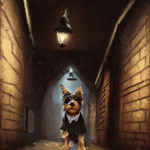 Prompt: detective yorkshire terrier wearing a fedora, in a dark alley, Greg Rutkowski, art station