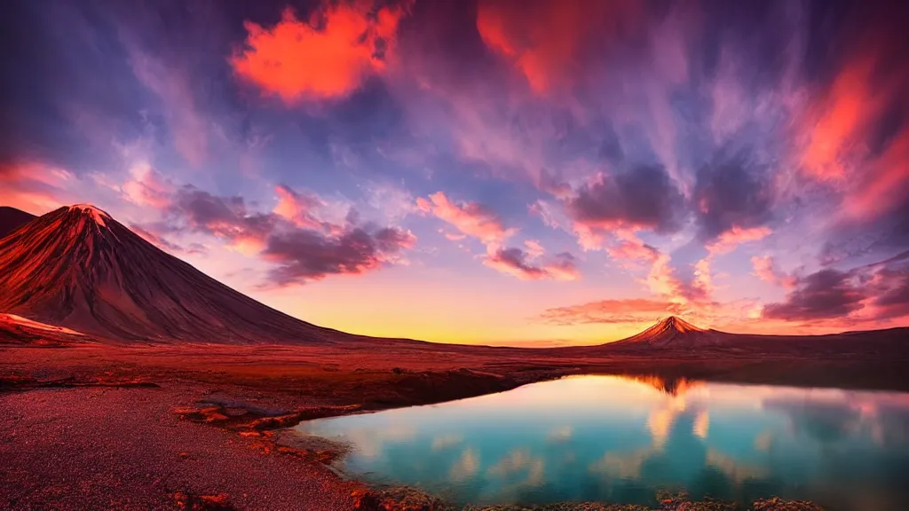 Image similar to amazing landscape photo of a volcano with lake in sunset by marc adamus, beautiful dramatic lighting