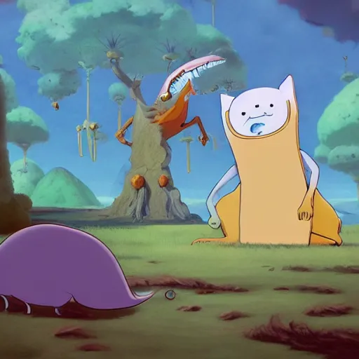 Image similar to amazing cute monster creature ,a screenshot from adventure time, by Salvador dali and Makoto Shinkai