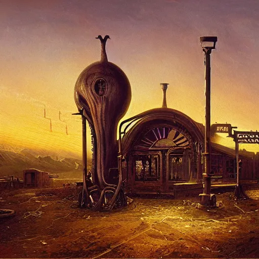 Image similar to painting of hr giger artlilery scifi organic shaped gas station with ornate metal work lands on a farm, fossil ornaments, volumetric lights, purple sun, andreas achenbach