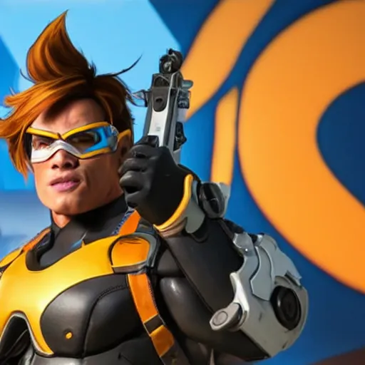 Image similar to a screenshot of arnold schwarzenegger as tracer in overwatch