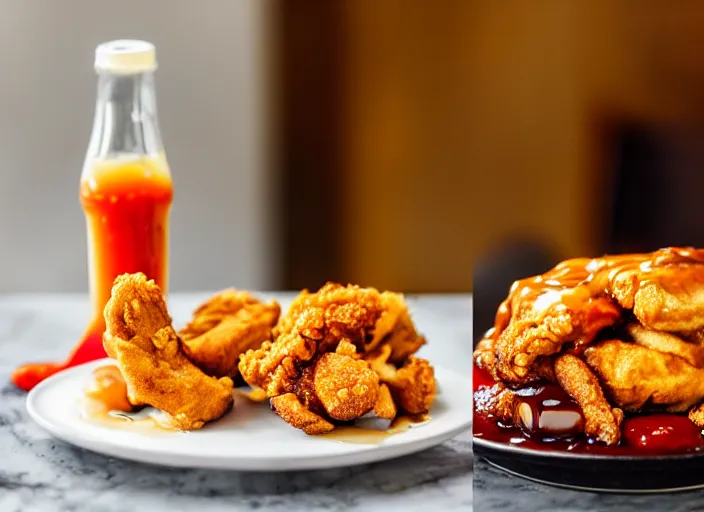 Image similar to dslr food photograph of a belgian waffle with fried chicken on top drizzled with maple syrup and a bottle of hot sauce on the side, 8 5 mm f 1. 8