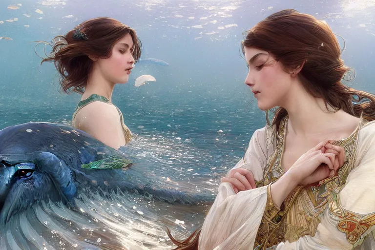 Image similar to painting of under the water, wearing beautiful clothes, hyper detailed cg rendering of a cute girl and whale, elegant, highly detailed, digital painting, artstation, concept art, smooth, sharp focus, illustration, art by artgerm and greg rutkowski and alphonse mucha, 8 k