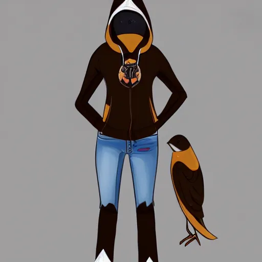 Prompt: humanoid furry!! anthro avian!!!!! fursona, bird!!!!! female!! digital art! trending on artstation! subject wearing hoodie and jeans!!