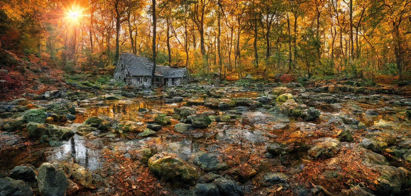 Image similar to stone cottages underneath a dense tall forest, pristine ponds. bodyscapes. fine painting intricate brush strokes, bright depth oil colors. 2 8 mm perspective photography by araken alcantara. intense promiseful happiness, autumn sunrise warm hdri forest light