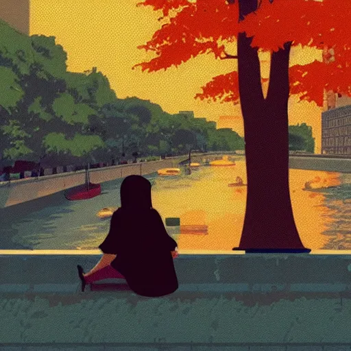 Prompt: woman sitting by the river in paris, pixels, sprite, graphic novel, visual novel cg, 8 0 s anime vibe, kimagure orange road, maison ikkoku, trending on artstation, 2 d hd, 3 2 x 3 2