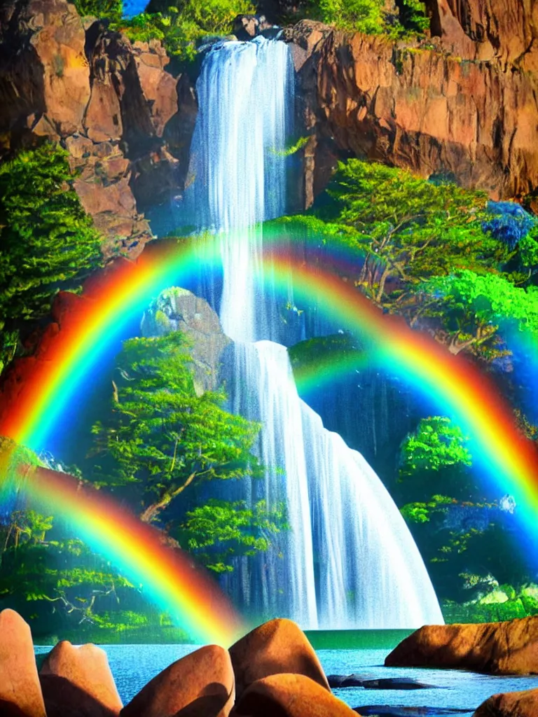 Prompt: artdeco illustration waterfall cascading onto rocks, small rainbow emerging in background, holographic, beautiful scenery,