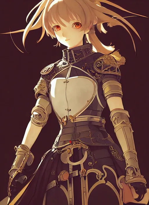 Image similar to yoh yoshinari, ilya kuvshinov editorial anime illustration female knight in ornate armor, last exile, murata range, fine detail,, dramatic lighting, dynamic composition, cel shading, vivid, rich texture, alphonse mucha, ( ( ( colorful ) ) ), gustav klimt, cinematic